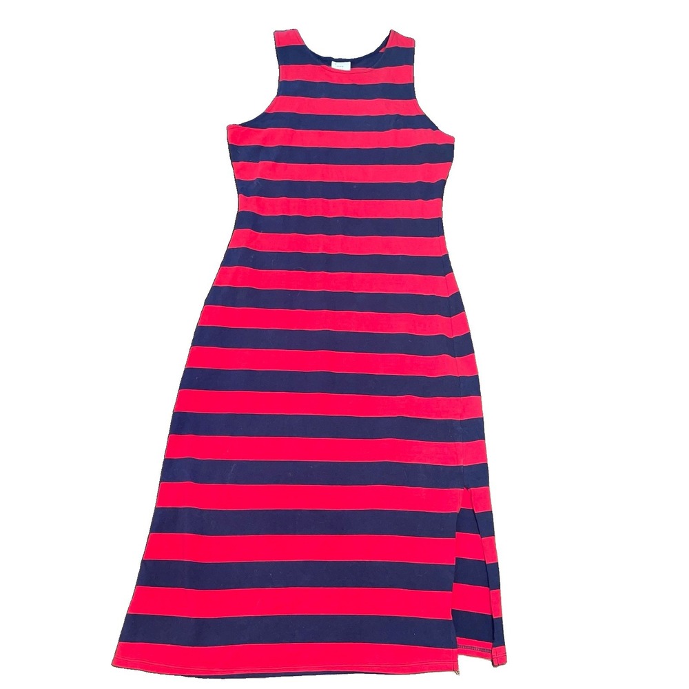 A New Day Red Navy Blue Striped Tank Dress Midi Side Slit Stretch Casual XS NWOT